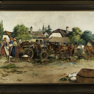 0063 - Village scene with people, horses and carts by Kasmir