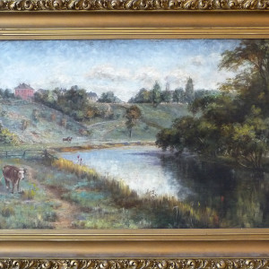 0067 -  19th Century piece, red house with cows by E Lawson