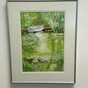Boat at Beeleigh Abbey by Susan Clare  Image: Boat at Beeleigh Abbey, framed in a sleek metal frame