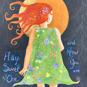 Play, Sweet One by Lea K. Tawd  Image: "Play, Sweet One," acrylic, graphite, Posca Pen, 24k gold leaf on wood panel. 36 x 24" by Lea K. Tawd.
