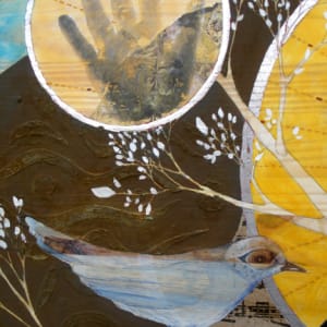 Radiance by Lea K. Tawd  Image: © Lea K. Tawd, Radiance, detail. Acrylic, collaged paper, graphite, rusted iron, metal leaf on wood panel, 24 x 48."
