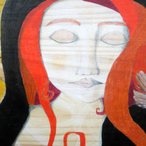 Radiance by Lea K. Tawd  Image: © Lea K. Tawd, Radiance, detail. Acrylic, collaged paper, graphite, rusted iron, metal leaf on wood panel, 24 x 48."