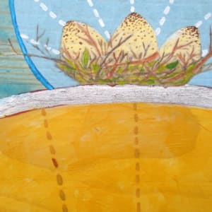 Radiance by Lea K. Tawd  Image: © Lea K. Tawd, Radiance, detail. Acrylic, collaged paper, graphite, rusted iron, metal leaf on wood panel, 24 x 48."