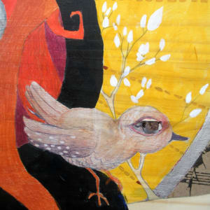 Radiance by Lea K. Tawd  Image: © Lea K. Tawd, Radiance, detail. Acrylic, collaged paper, graphite, rusted iron, metal leaf on wood panel, 24 x 48."