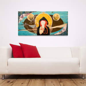 Radiance by Lea K. Tawd  Image: © Lea K. Tawd, Radiance. Acrylic, collaged paper, graphite, rusted iron, metal leaf on wood panel, 24 x 48."