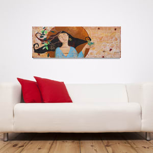 Storyteller by Lea K. Tawd  Image: © Lea K. Tawd, Storyteller. Acrylic, and collaged paper on wood, 18 x 48."