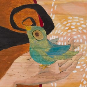 Storyteller by Lea K. Tawd  Image: © Lea K. Tawd, Storyteller, detail. Acrylic, and collaged paper on wood, 18 x 48."