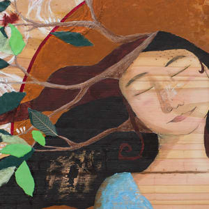 Storyteller by Lea K. Tawd  Image: © Lea K. Tawd, Storyteller, detail. Acrylic, and collaged paper on wood, 18 x 48."