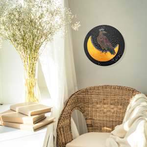 What Crow Knows by Lea K. Tawd  Image: "What Crow Knows," in situ. Acrylic paint, acrylic inks, Posca paint pen on wood panel. 12 x 12"