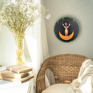 Hart by Lea K. Tawd  Image: "Hart" in situ; acrylic paint, acrylic ink and Posca paint pen on round wood panel.  12 x 12" by Lea K. Tawd