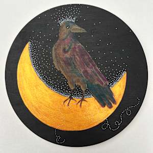What Crow Knows by Lea K. Tawd  Image: "What Crow Knows," Acrylic paint, acrylic inks, Posca paint pen on wood panel. 12 x 12"