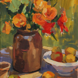 Still Life with Orange Poppies and Fruit by Katie Dobson Cundiff