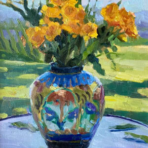 Flowers in Hand Painted Vase by Katie Dobson Cundiff
