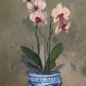 Orchid in Blue & White Vase with Shell by Katie Dobson Cundiff