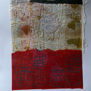 Tangled Grid by Scott D.S. Young  Image: I thought this was the finished piece until I returned to it, embedding hand-drawn marks and stitching red thread directly into the tangled structure, giving the grid a quiet pulse.