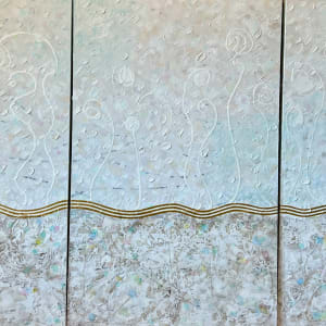 Long Beach Surf  Foam- Triptych by Carolyn Kramer  Image: Triptych, Original Painting is  rich with chunky,  painterly textures and delicate, whimsical washes. Nuanced paint layers move from surface sand to surf & to gold leaf waves. Inspired by microscopic patterns in tide marks and ocean foam. 
