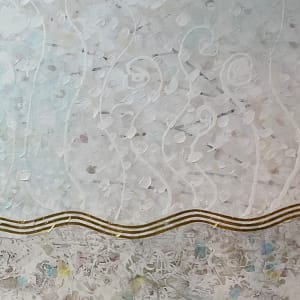 Long Beach Surf  Foam- Triptych by Carolyn Kramer  Image: Beach images are expanded 1000% onto three canvases using mediums of acrylics and gold leaf. The image is presented as an ocean “slice," as if viewed from above. 
