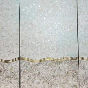 Long Beach Surf  Foam- Triptych by Carolyn Kramer  Image: Triptych, Original Painting is  rich with chunky,  painterly textures and delicate, whimsical washes. Nuanced paint layers move from surface sand to surf & to gold leaf waves. Inspired by microscopic patterns in tide marks and ocean foam. 
