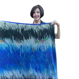 Scarf - Art Inspired "Sapphire Mountain"  Chalk Pastel by Carolyn Kramer  Image: 40" x 40" Double printed, 18 m/m twill silk scarf, 100% authentic silk, hand rolled sapphire border