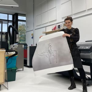 Tot on Horse with Spots  Image: Artist Laura Clarke Oaten at UWE, Centre for Fine Print Research, Bristol, England printing the base canvas. 