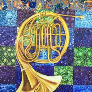 French Horn with Blue Note Border by Tony Mayard