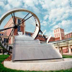 Waterwork Installation by Alice Aycock  Image: Original site of sculpture on UNMC campus.  https://www.aaycock.com/new-gallery-78 