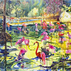 "Bathing Flamingos VI" by Robert H. Leedy