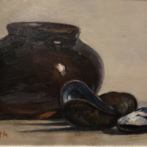 Vase and mussel shells by Bruce North Artwork