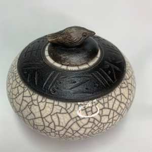 White Crackle Raku Cover Jar by Joe Clark