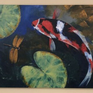 Showa Koi and Dragonfly by Michael Creese
