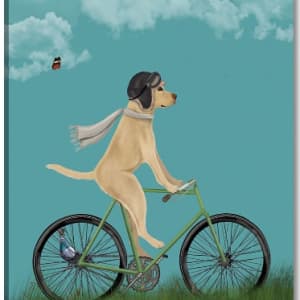 Yellow Labrador in Flying Helmet on Bicycle, Sky, Image 1.