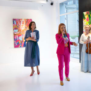 In My Kingdom / W moim królestwie by Dorota Lapa-Maik  Image: Vernissage of 'New Day' solo exhibition of Dorota Lapa-Maik (second from the right) at Apteka Sztuki Gallery, Warsaw, May 18th, 2023. 'In My Kingdom' painting on the right.