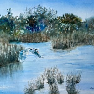 Marsh Heron in Flight by Rebecca Zdybel