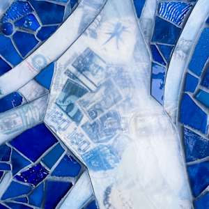 REALIZE by Laura Letchinger  Image: Detail 1 from HOMAGE TO REALIZE | mosaic and vintage stamps | 46" x 36" x 1.5" by Piece by Piece mosaic arts nonprofit and social enterprise