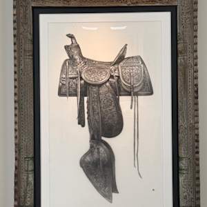 "The Botanist"  Buffalo Bill Saddle Portrait circa by Marshall Harris  Image: Double framed. Conventional interior frame with archival glazing surrounded by an elaborately carved antique door frame acquired from Sarret and Sons in Santa Fe, NM