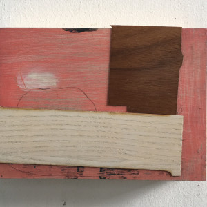 Two wood veneer attachments over pink painting by MaryAnn Puls