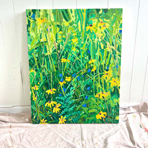 Flowers and Grasses by Krista Townsend  Image: The painting leaning on the studio wall.