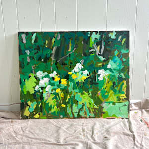 Green Exploration by Krista Townsend  Image: The painting leaning on the studio wall.