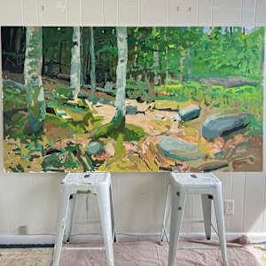 In Conversation With Trees by Krista Townsend  Image: The painting on two stools leaning on the studio wall.