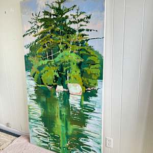 Spider Island Reflections by Krista Townsend  Image: The painting in the studio from at an angle.