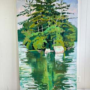 Spider Island Reflections by Krista Townsend  Image: The painting in the studio from the front.