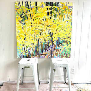 Yellow Leaves by Krista Townsend  Image: The painting sitting on top of two stools in the studio.