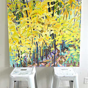 Yellow Leaves by Krista Townsend  Image: The painting sitting on top of two stools in the studio.