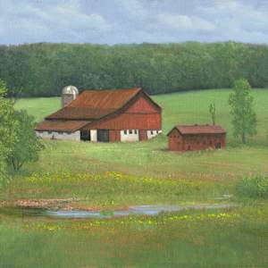 Red barns by the brook by Tarryl Gabel