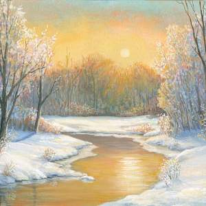 Sunset over snowy stream by Tarryl Gabel