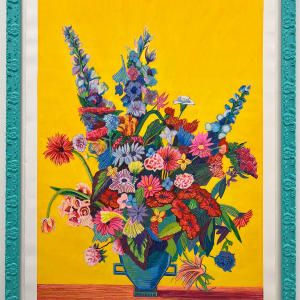 Floral Composition by Gyan Samara  Image: Painting/ Drawing with Teal patterned wooden frame with museum glass.
