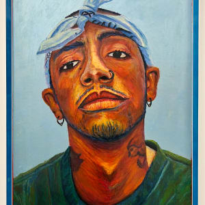 Portrait of C.Jones by Gyan Samara  Image: White frame with blue stripe with museum glass