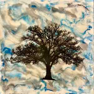 Small Works 6x6in by Kathie Collinson  Image: The piece with a photo transfer of a tree. The colors are brighter like in the older picture.
