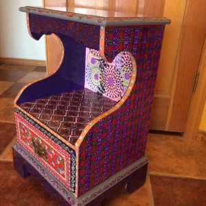 Geometric and floral red and plum vintage side table by Heather Medrano 