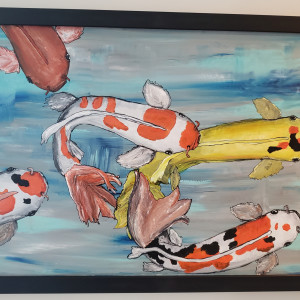 Koi fish #2 on wood, black frame by Heather Medrano